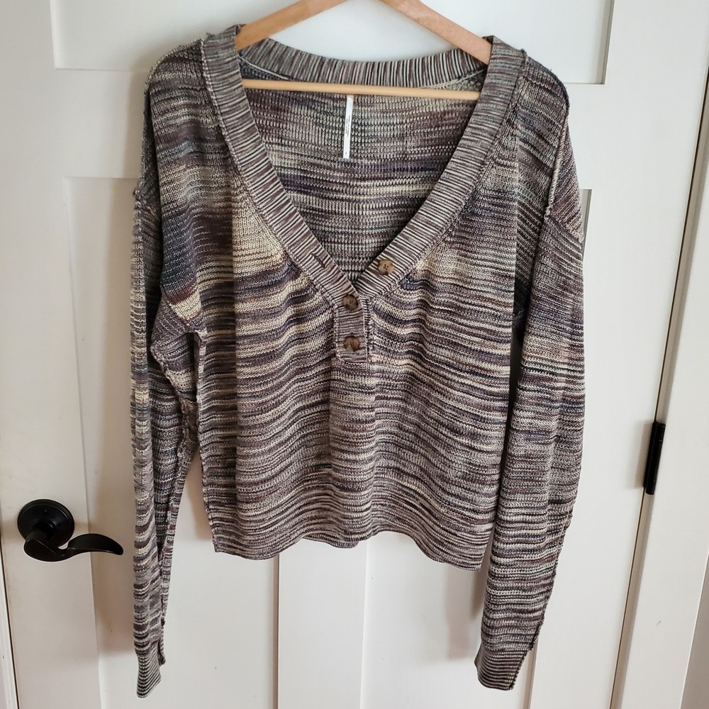 Free People Mercury Henley Sweater SpaceDye Striped Gray Cotton Small OB1354259